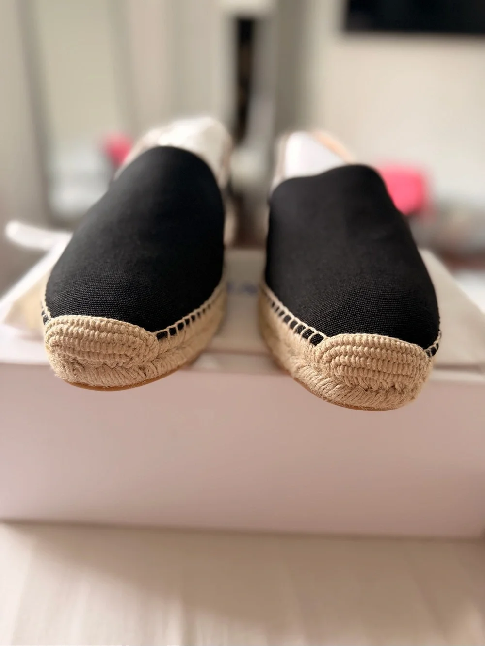 Off-White Black Canvas Slip-On Espadrilles with Natural Trim